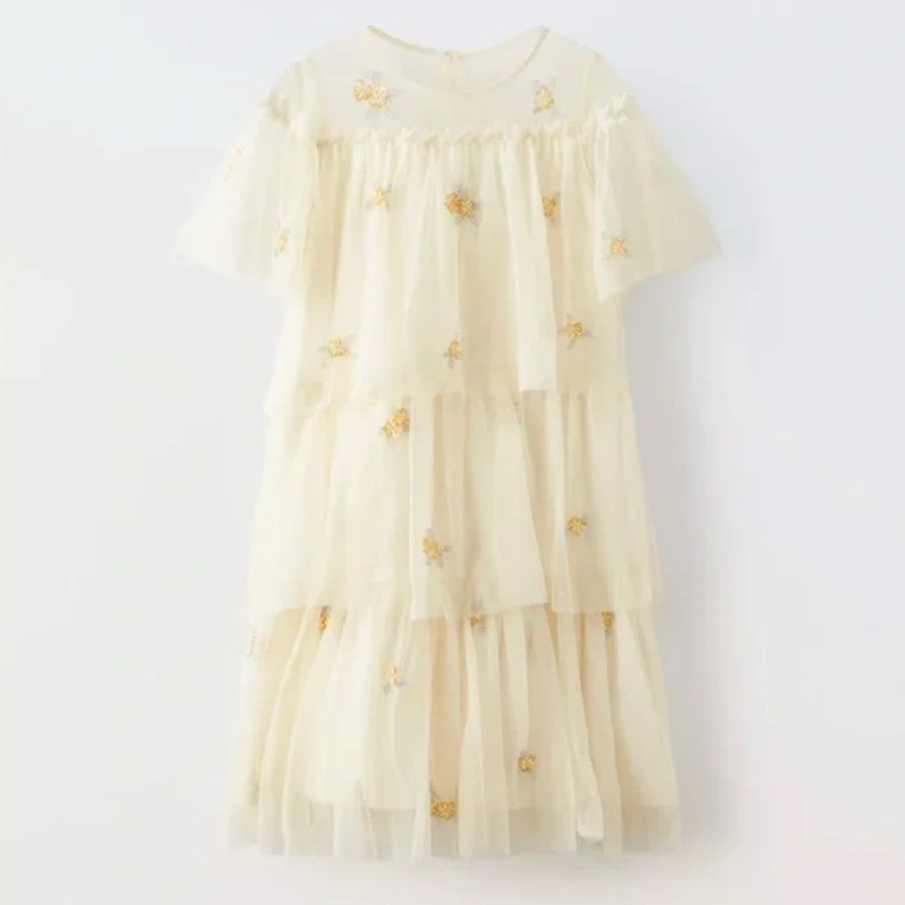 Zara Elegant Cream Kids  Formal Dress with Floral Embroidery